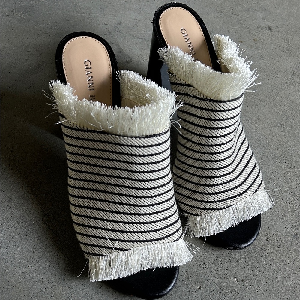 Gianni Bini Black and Cream Striped Fringe Mules